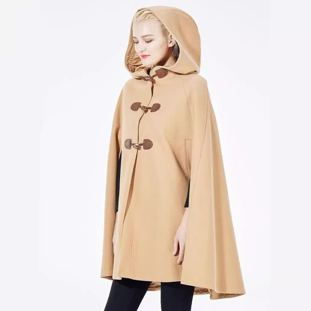 Women's Cape Coat with Hood and Toggle Closures Mune Fashion