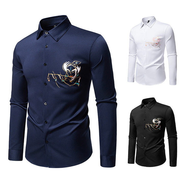 Men's Slim-Fit Business Shirt with elaborate chest embroidery and Kent collar Mune Fashion