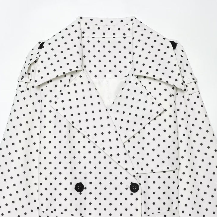 Women Polka Dot Cropped Trench Coat with Waist Belt and Double Breasted Button Placket Mune Fashion