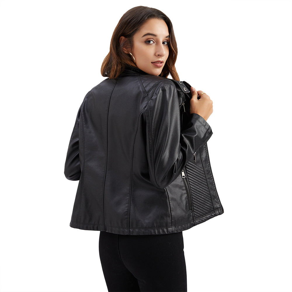 Women tailored biker jacket made of faux leather with quilted panels and stand-up collar Mune Fashion