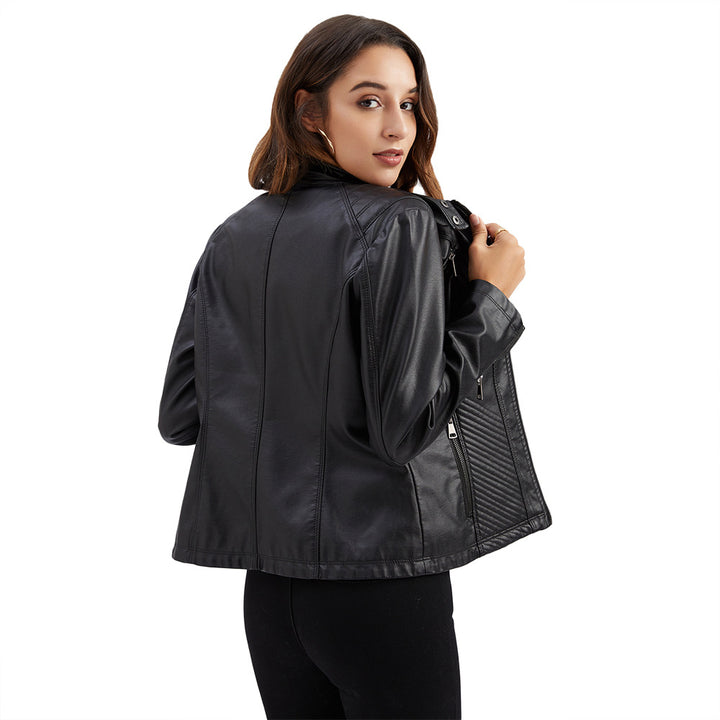 Women tailored biker jacket made of faux leather with quilted panels and stand-up collar Mune Fashion