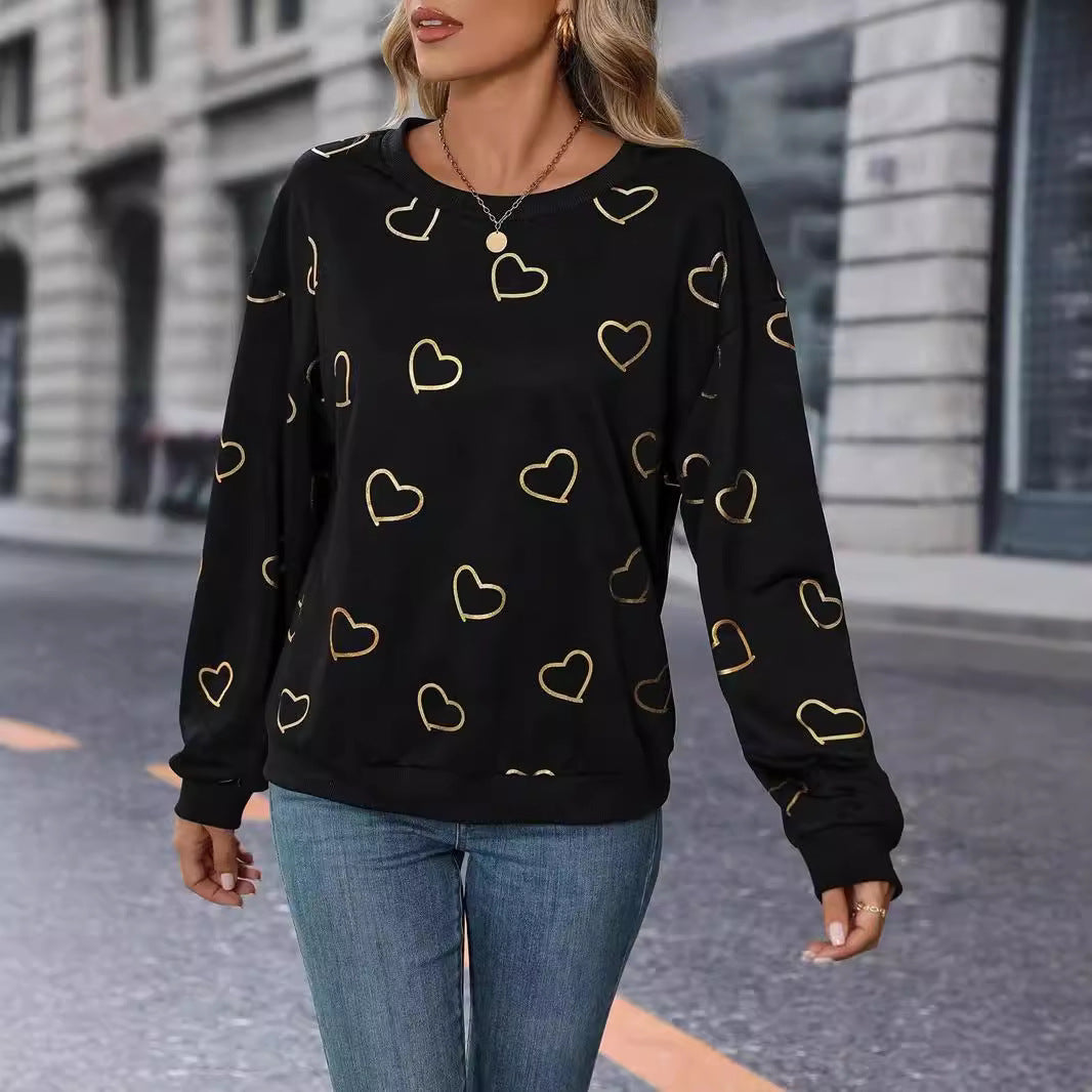 Women's loose heart print sweatshirt with round neck and ribbed cuffs Mune Fashion