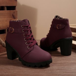 Women ankle-high lace-up ankle boots with side zipper, decorative belt loop, medium-high block heel, and strong-profiled outsole Mune Fashion