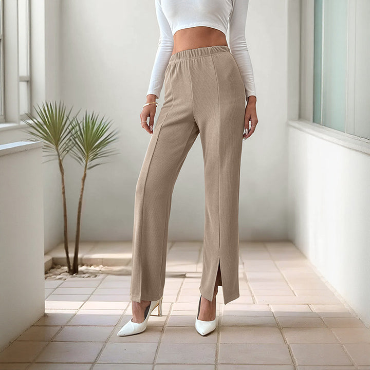 Women's Soft Ribbed Palazzo Pants with High Elastic Waistband and Hem Slit Mune Fashion