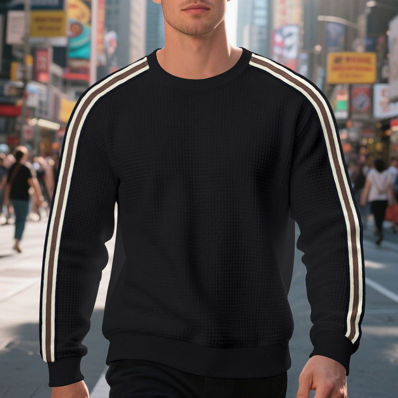 Men's waffle knit sweater with contrasting sleeve stripes and round neckline Mune Fashion