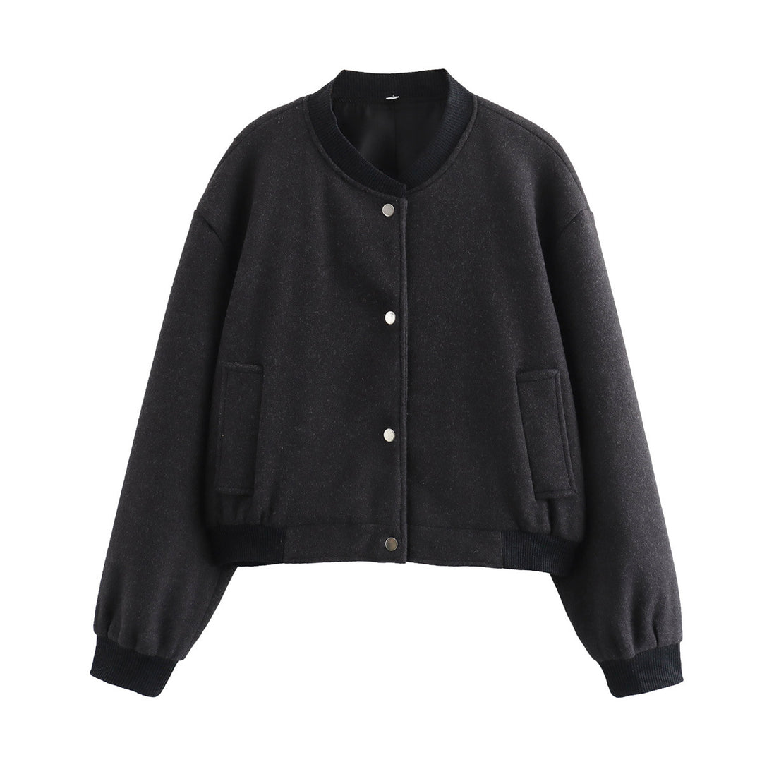 Women's Short Oversized College Jacket in Wool Blend with Snap Button Closure, Side Pockets and Ribbed Cuffs Mune Fashion