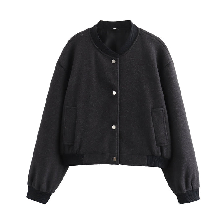 Women's Short Oversized College Jacket in Wool Blend with Snap Button Closure, Side Pockets and Ribbed Cuffs Mune Fashion