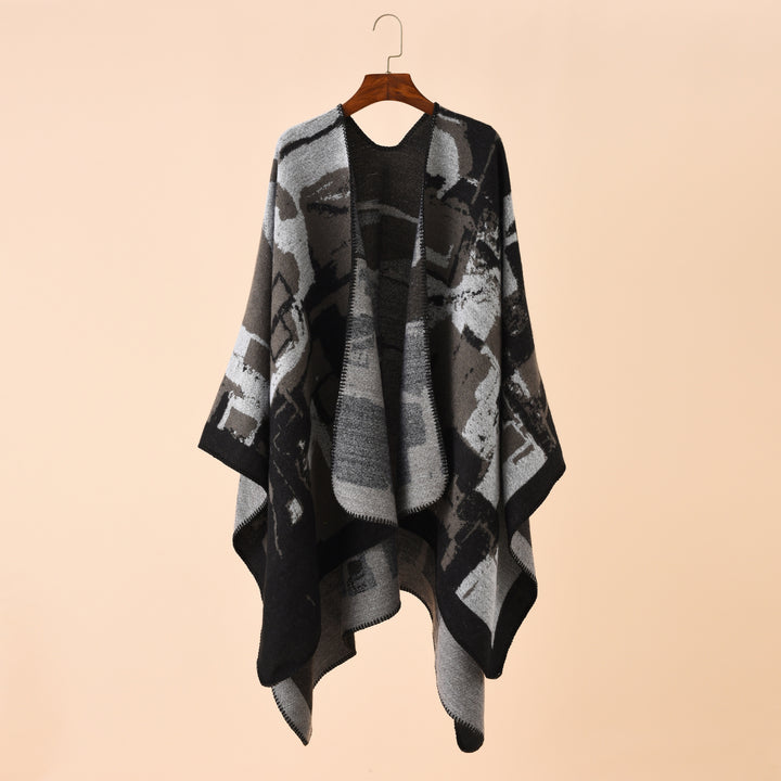 Women's oversized wrap robe made of wool blend with abstract jacquard and decorative stitch edge Mune Fashion