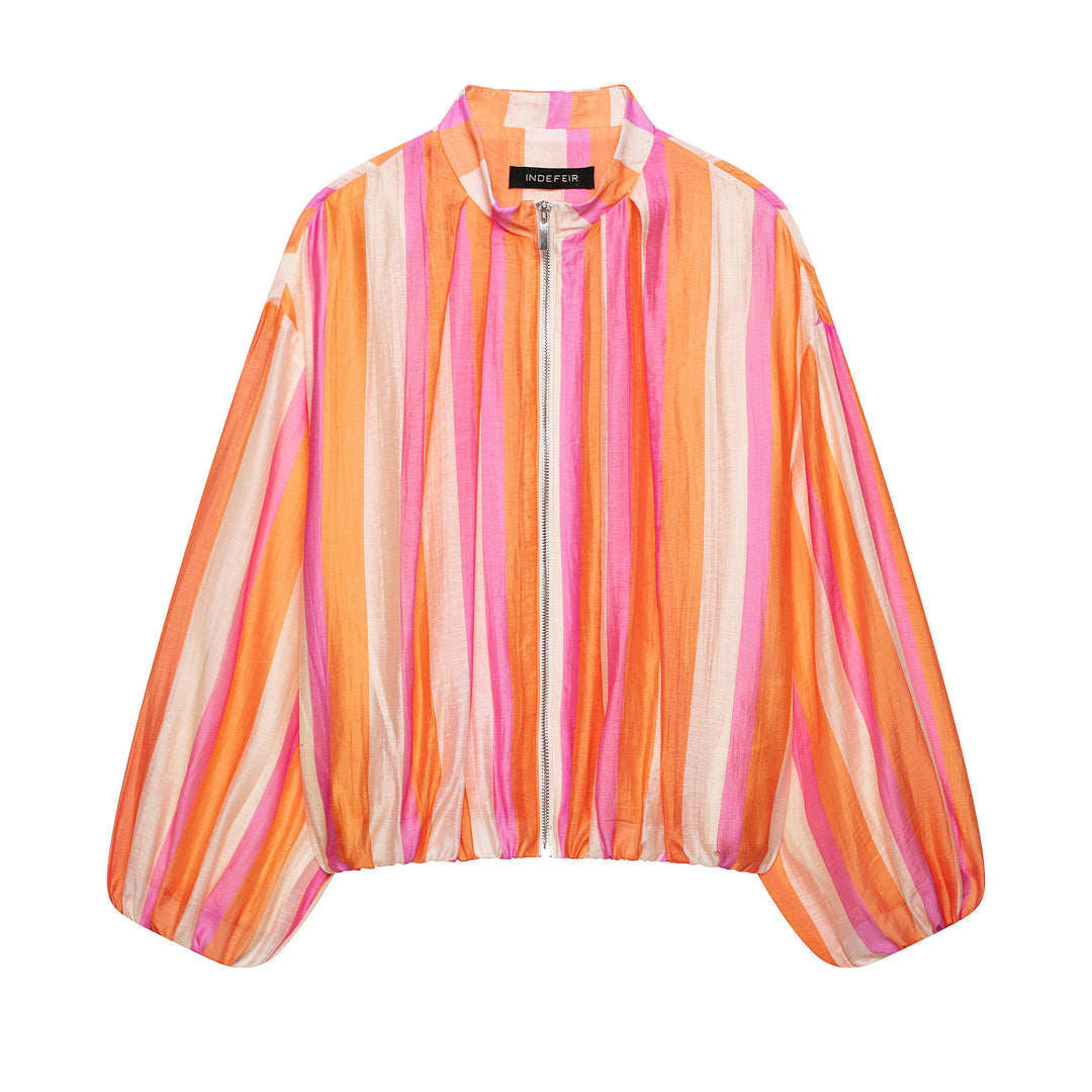 Women Striped Cropped Bomber Jacket with Balloon Sleeves Mune Fashion