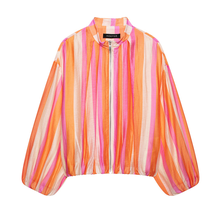 Women Striped Cropped Bomber Jacket with Balloon Sleeves Mune Fashion