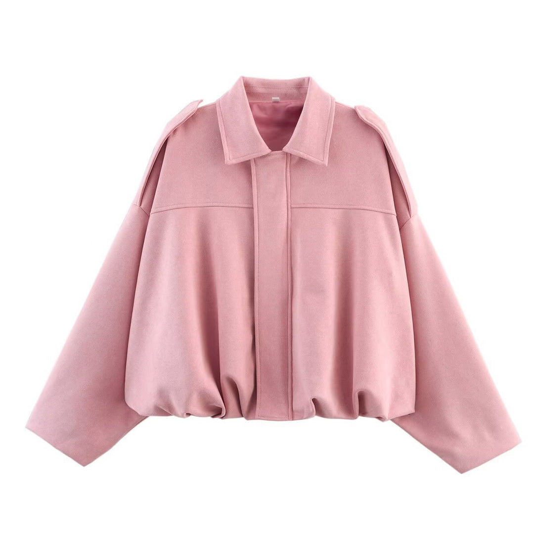 Women's Oversized Short Jacket with Balloon Hem, Shoulder Pads and Concealed Front Placket Mune Fashion