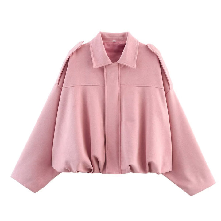 Women's Oversized Short Jacket with Balloon Hem, Shoulder Pads and Concealed Front Placket Mune Fashion