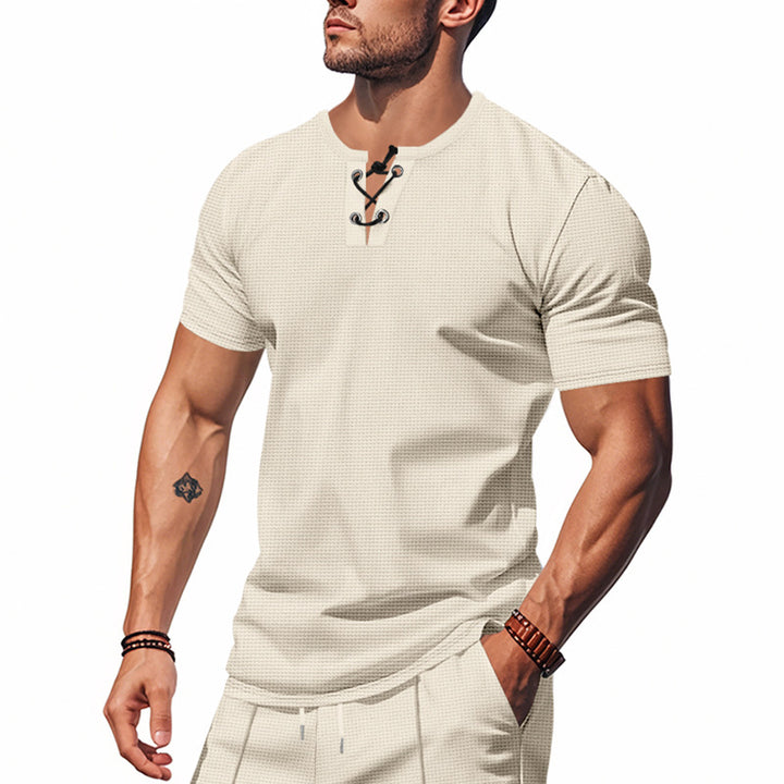 Men's short-sleeve shirt with lacing at the neckline and waffle texture Mune Fashion