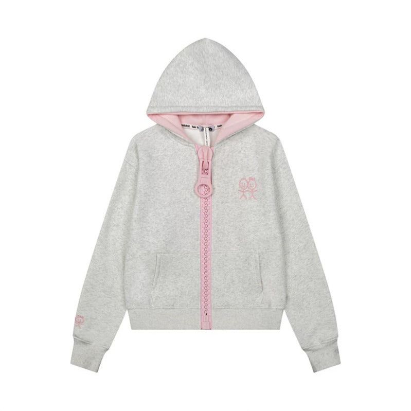 Women's Hoodie Sweat Jacket with Oversized Zipper and Minimalist Embroidery Mune Fashion