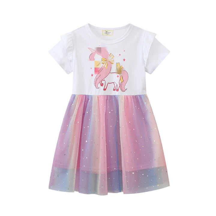 Girls tulle dress with unicorn application and colorful glitter tulle Mune Fashion