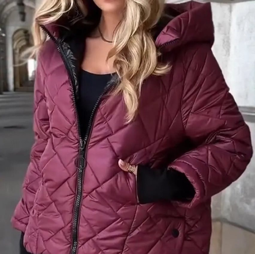 Women's Padded Hooded Quilted Jacket with Check Quilting, Light Thermal Filling and Full-Length Zipper Mune Fashion