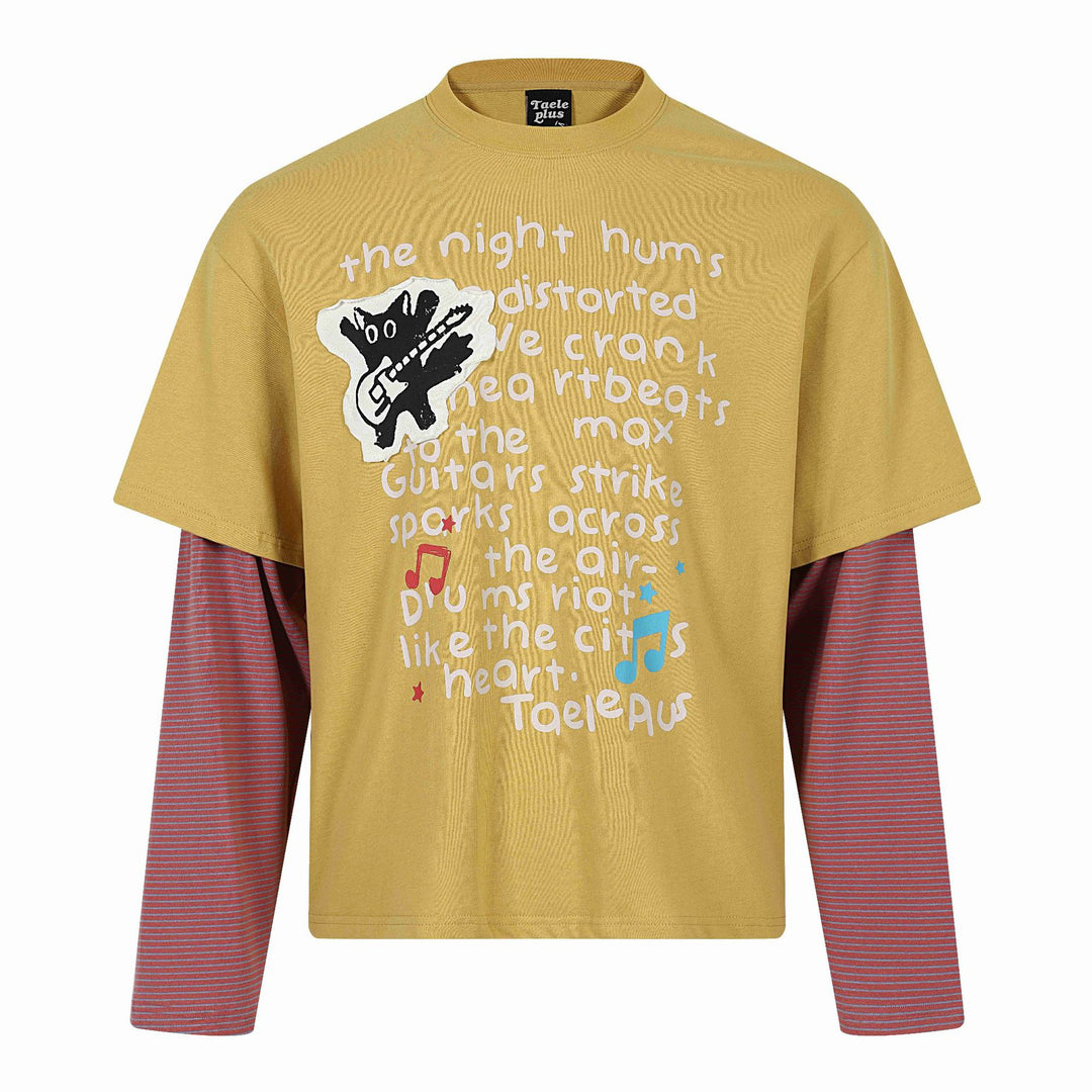 Unisex Layered Look Long Sleeve T-Shirt with Attached Short Sleeve Layer and Graphic Print Mune Fashion