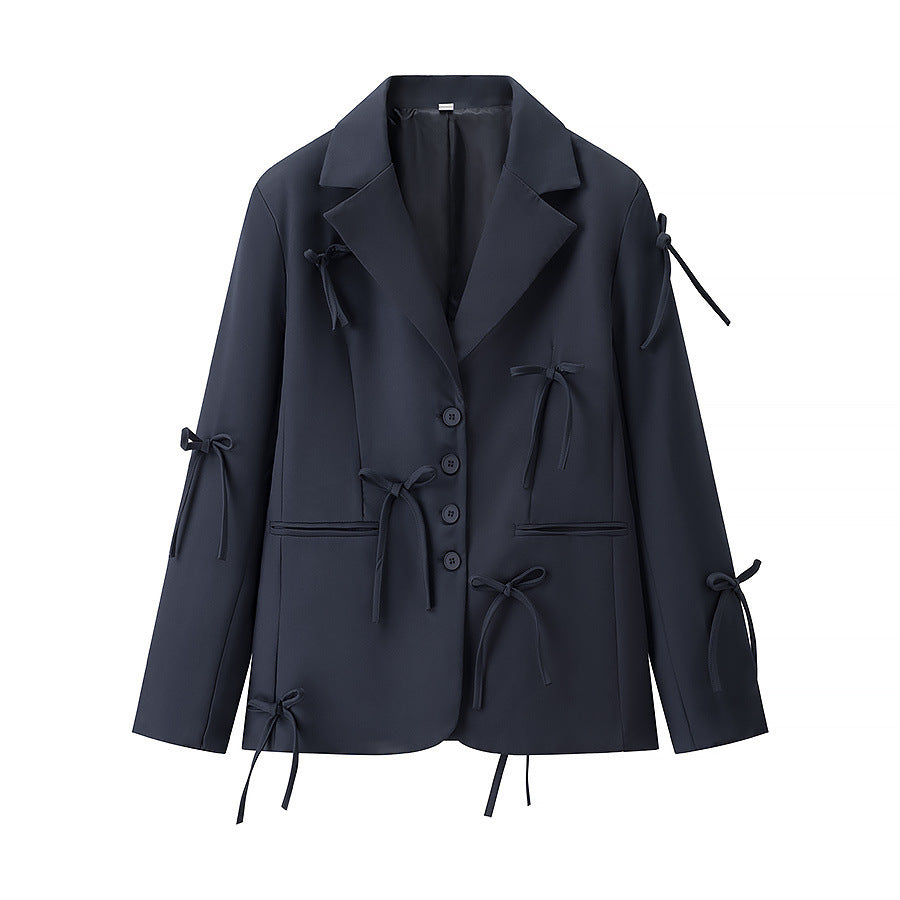 Women's Boxy Blazer with decorative bows, lapel collar and casual silhouette Mune Fashion