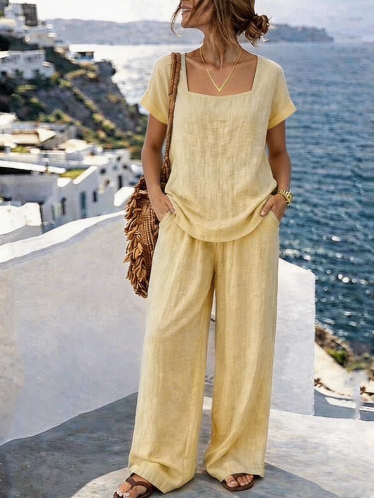 Ladies Airy Linen Top with Wide Pants Mune Fashion