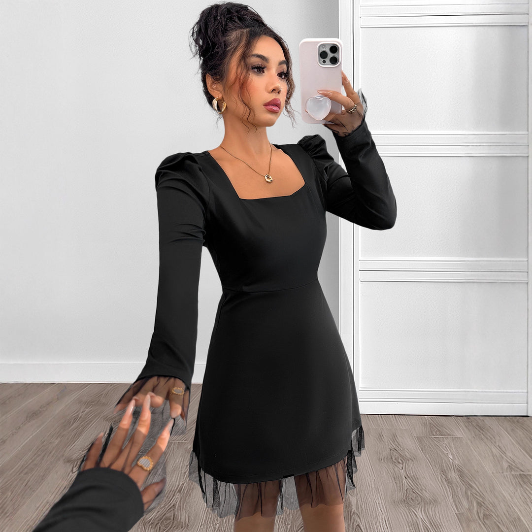 Women Elegant Dress with Puff Sleeves and Transparent Hem Mune Fashion