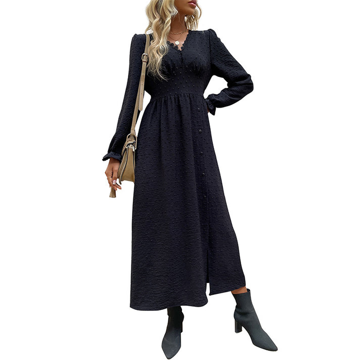 Ladies midi dress with structured dot look, V-neck and tailored empire cut Mune Fashion