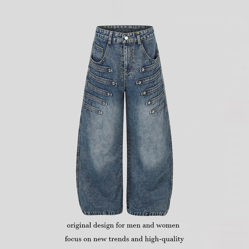 Women's Wide Denim Palazzo Jeans with Decorative Stitching and Decorative Button Details Mune Fashion