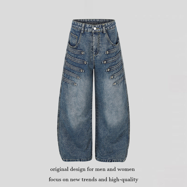 Women's Wide Denim Palazzo Jeans with Decorative Stitching and Decorative Button Details Mune Fashion