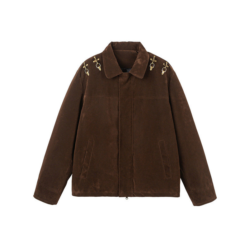 Men's short jacket made of suede look with decorative shoulder buckles and concealed zipper Mune Fashion
