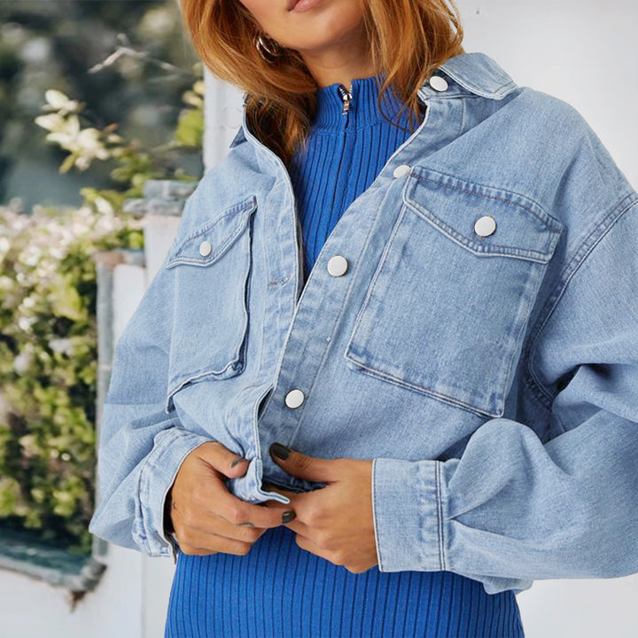 Women's Cropped Oversize Denim Jacket with Snap Button Front and Patch Chest Pockets Mune Fashion