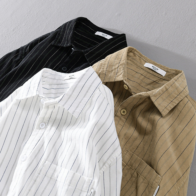 Men's vertically striped casual shirt in linen look with applied chest pocket Mune Fashion