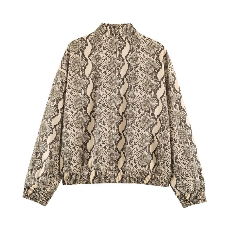 Ladies Oversize Bomber Jacket with Snake Print and Elastic Hem Mune Fashion