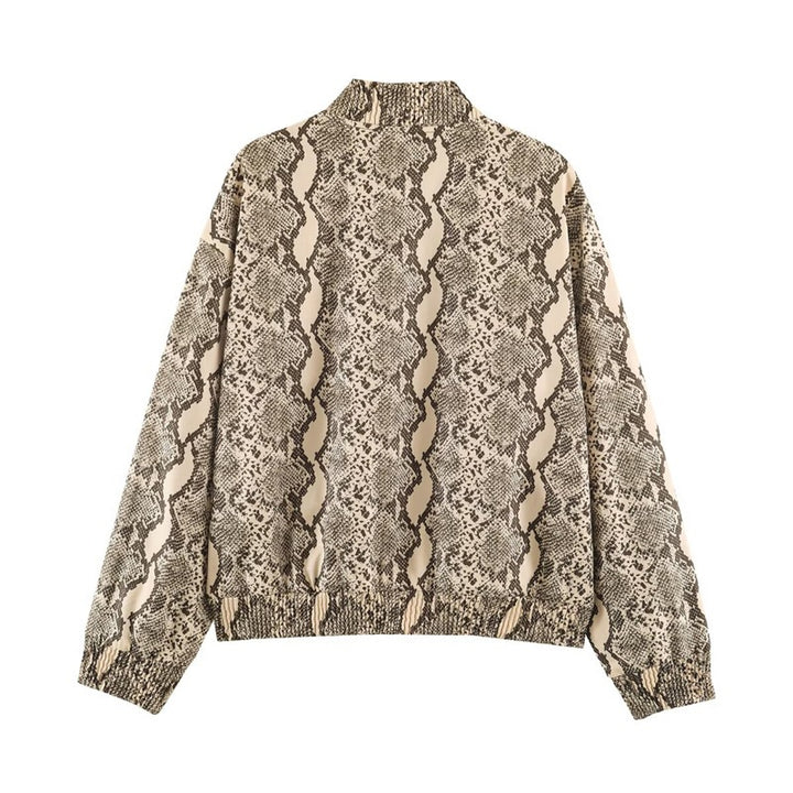 Ladies Oversize Bomber Jacket with Snake Print and Elastic Hem Mune Fashion