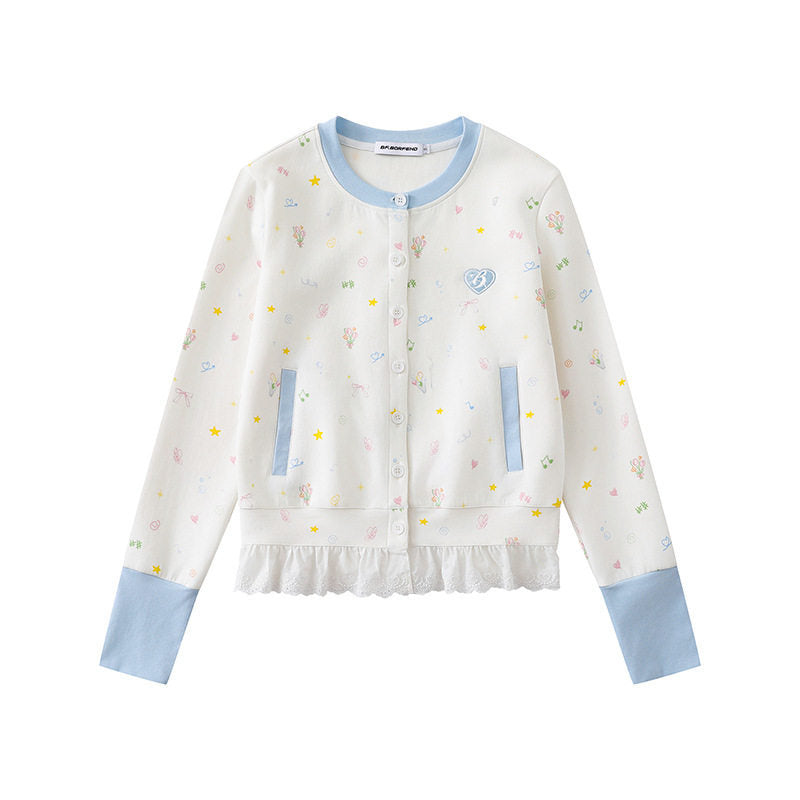 Women's Button-Front Cardigan with Lace Ruffle, Pastel Allover Print and Contrast Cuffs Mune Fashion