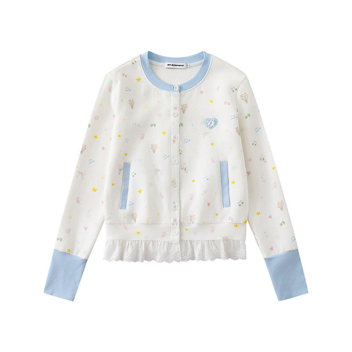 Women's Button-Front Cardigan with Lace Ruffle, Pastel Allover Print and Contrast Cuffs Mune Fashion