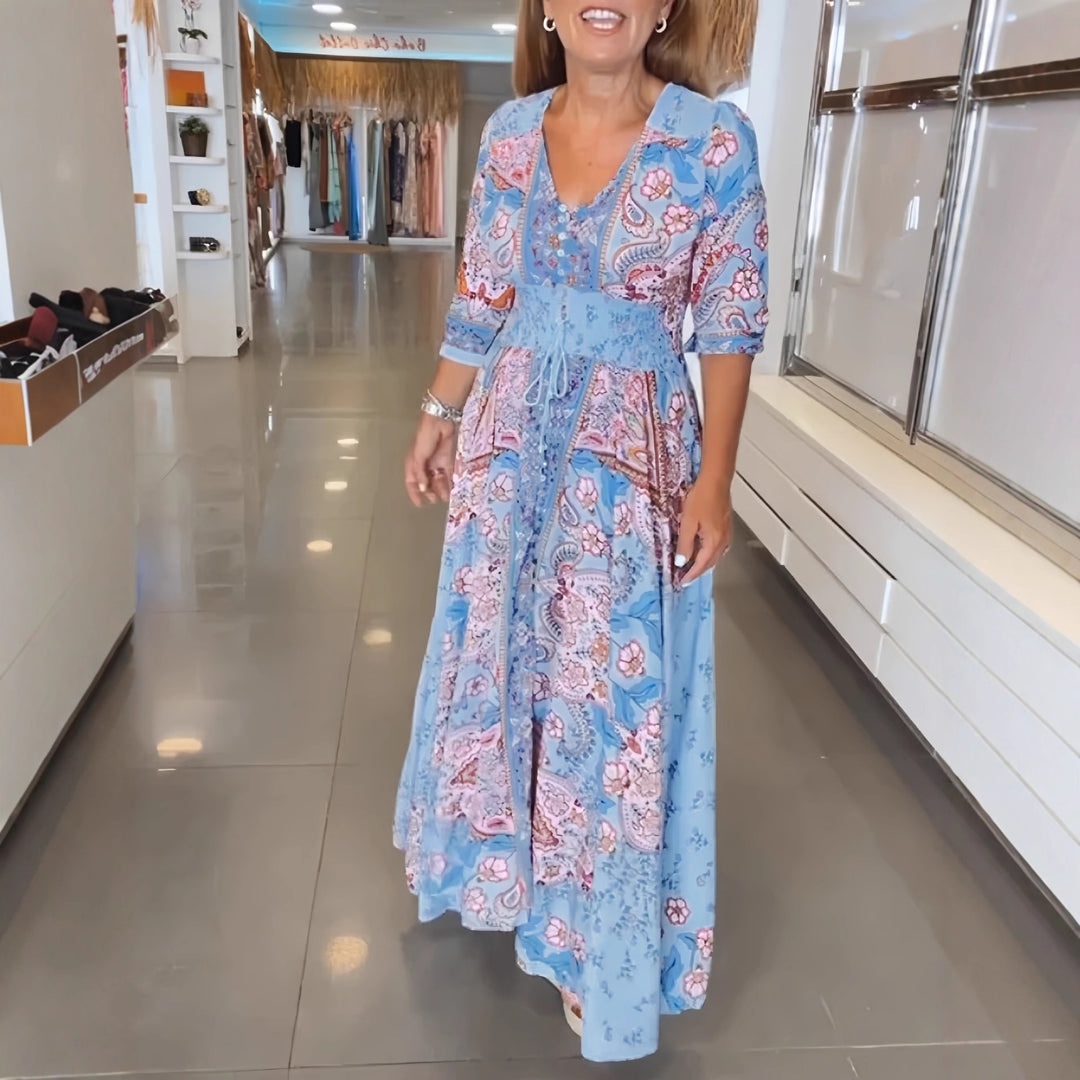 Women's Boho Maxi Dress with V-neck, Button Placket and Smocked Waist