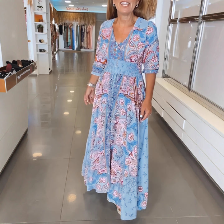 Women's Boho Maxi Dress with V-neck, Button Placket and Smocked Waist