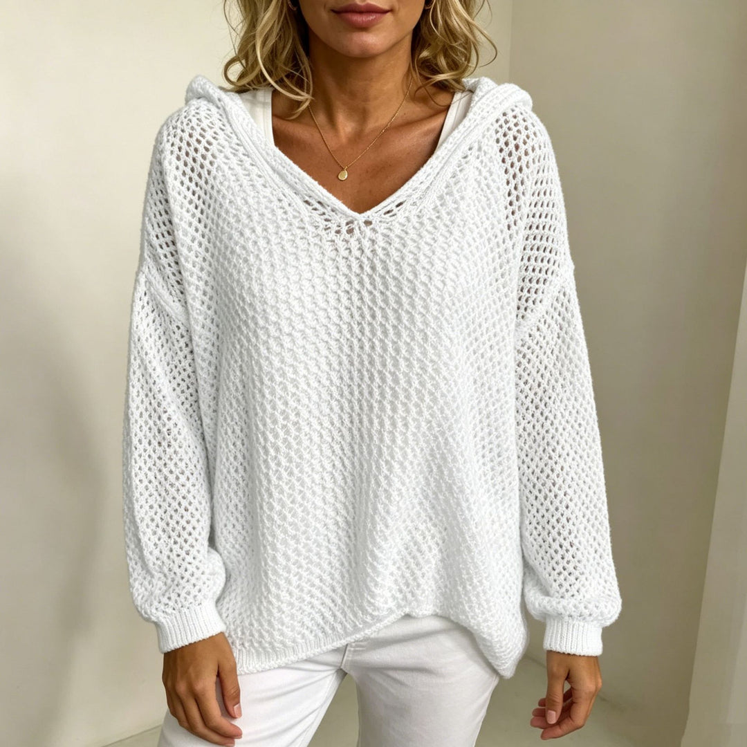 Women's Chunky Knit V-Neck Sweater with Hood and Lace Pattern Mune Fashion