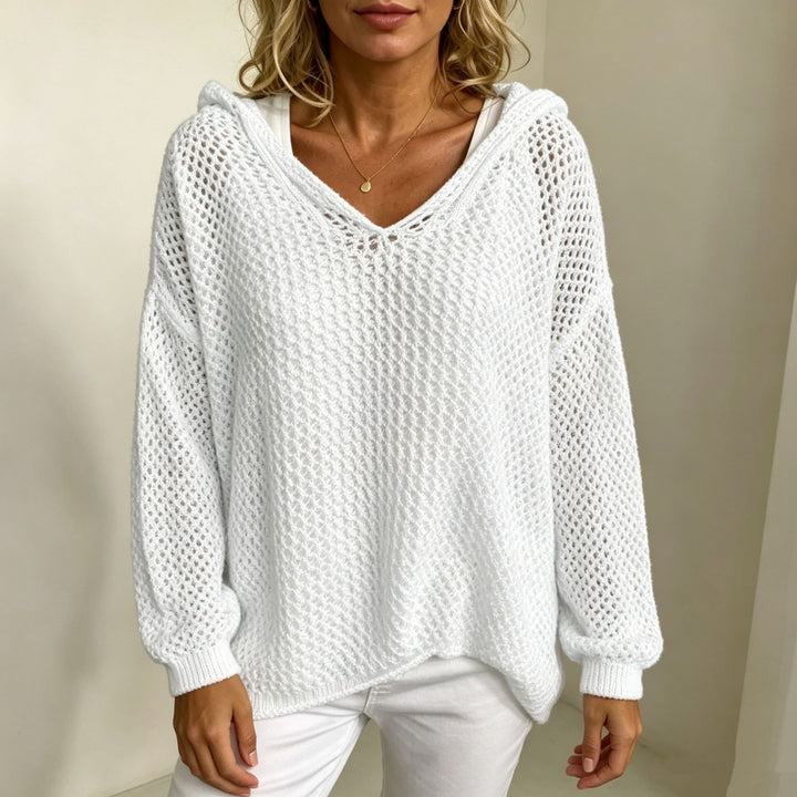Women's Chunky Knit V-Neck Sweater with Hood and Lace Pattern Mune Fashion