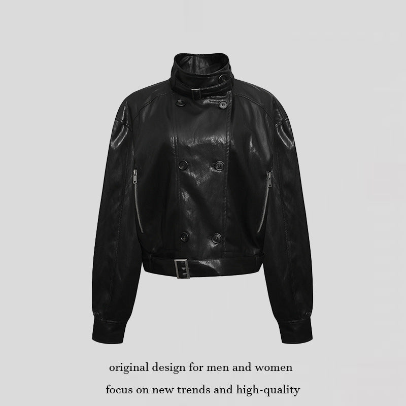 Women short double-breasted leather jacket with stand collar and waist belt Mune Fashion