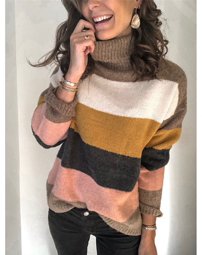 Women Oversize Turtleneck Sweater with Wide Block Stripes and Soft Knit Mune Fashion