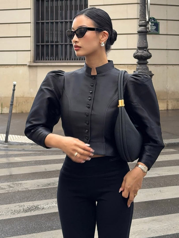 Women Satin Two-Piece with Tailored Short Jacket, Stand Collar & High-Waist Wide Pants Mune Fashion