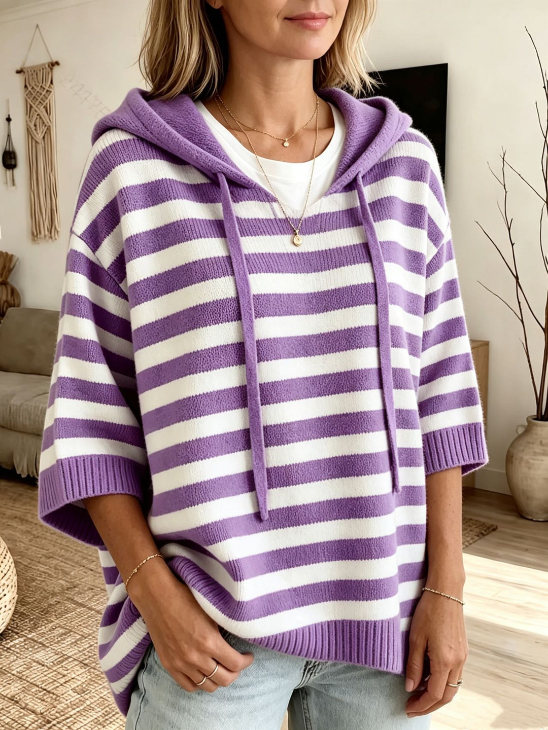 Women Casual Striped Hooded Poncho made of Soft Fine Knit with Half-Length Sleeves Mune Fashion