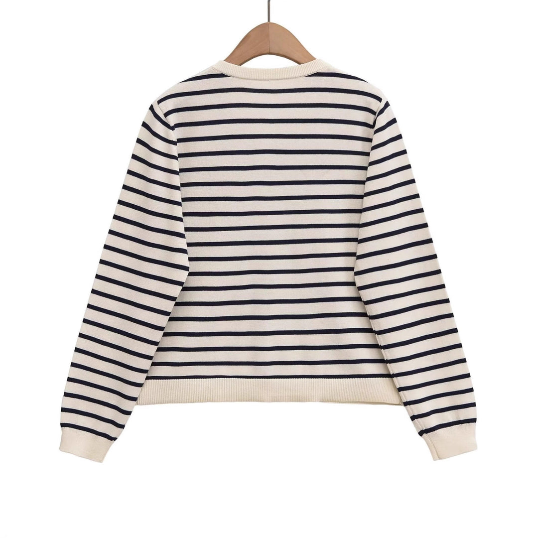 Women's Striped Lightweight Cardigan with Round Neckline and Decorative Buttons Mune Fashion