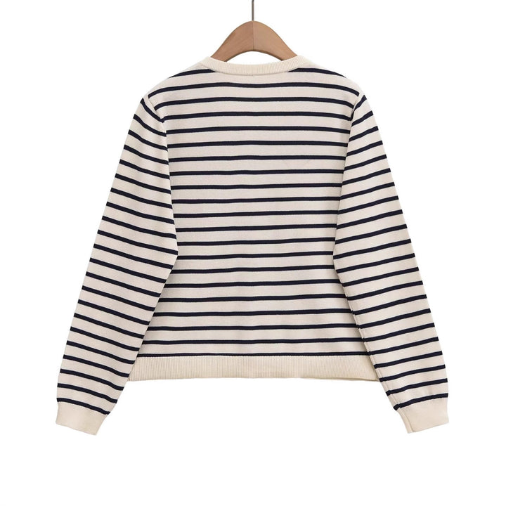 Women's Striped Lightweight Cardigan with Round Neckline and Decorative Buttons Mune Fashion