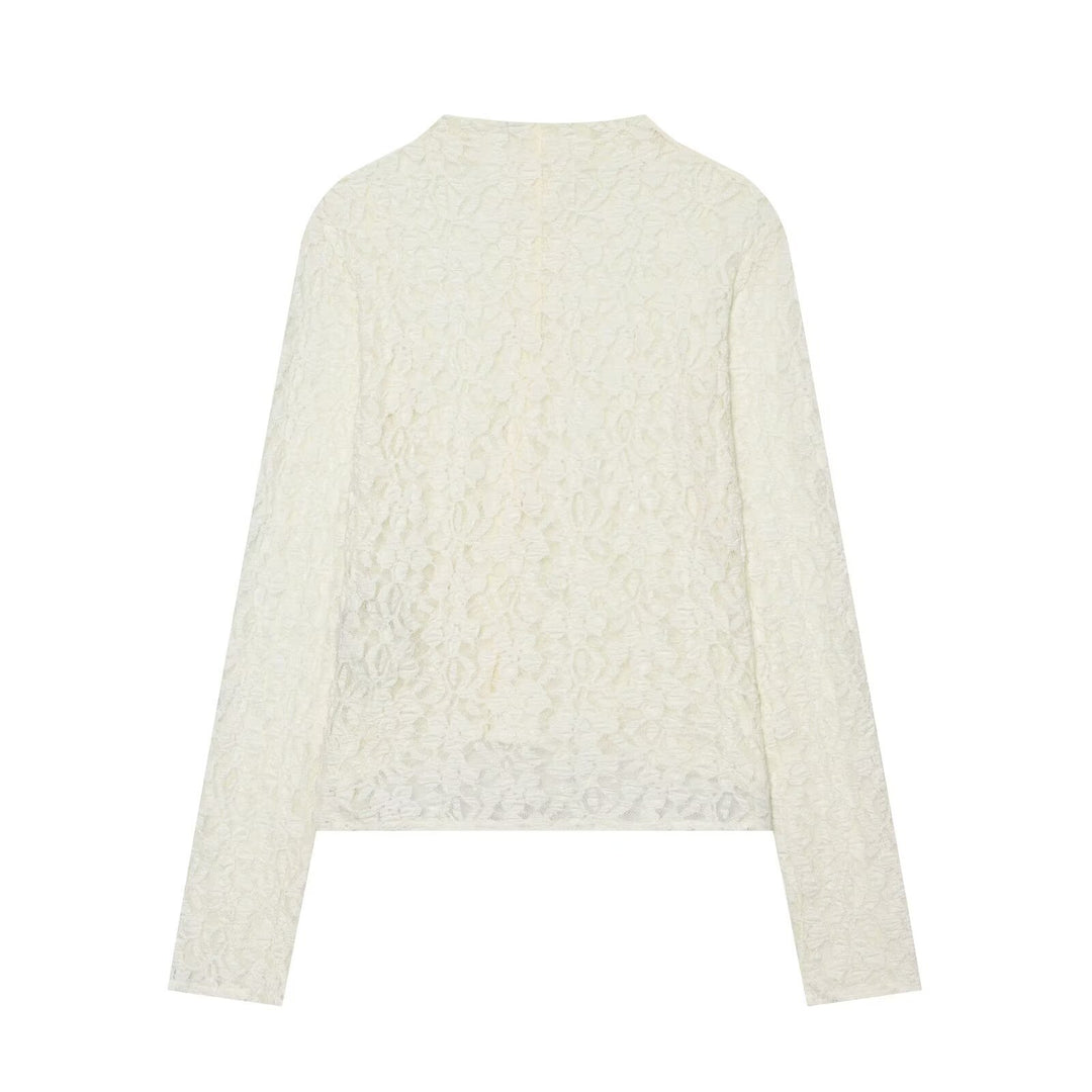 Women's Structured Lace Blouse with Stand Collar and Back Button Closure Drune