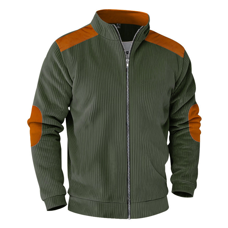 Men's ribbed stand-up collar sweat jacket with full zip, shoulder and elbow patches Mune Fashion