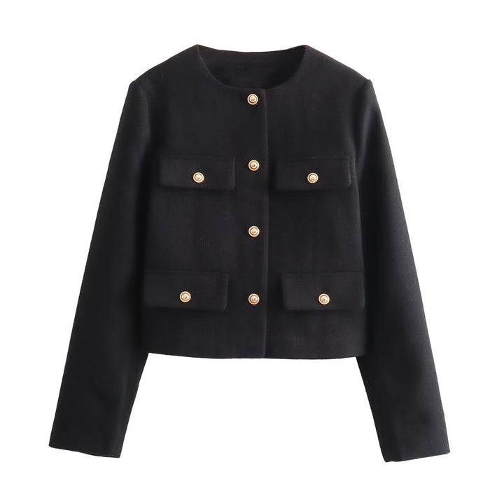Women's short-cut Bouclé tweed jacket with round neckline decorative button details and attached flap pockets Mune Fashion