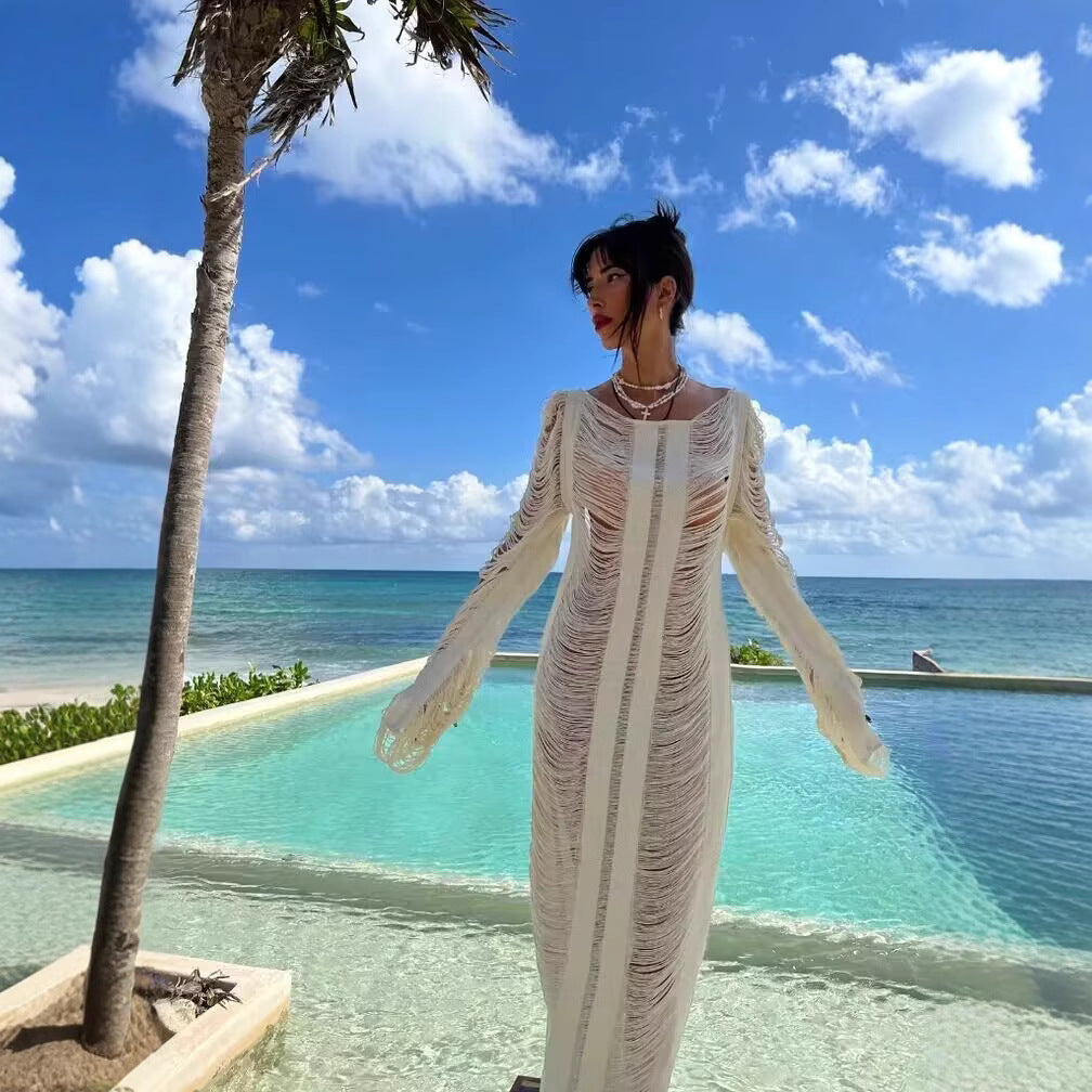 Women's elegant beach dress with refined fringes and transparent elements Mune Fashion
