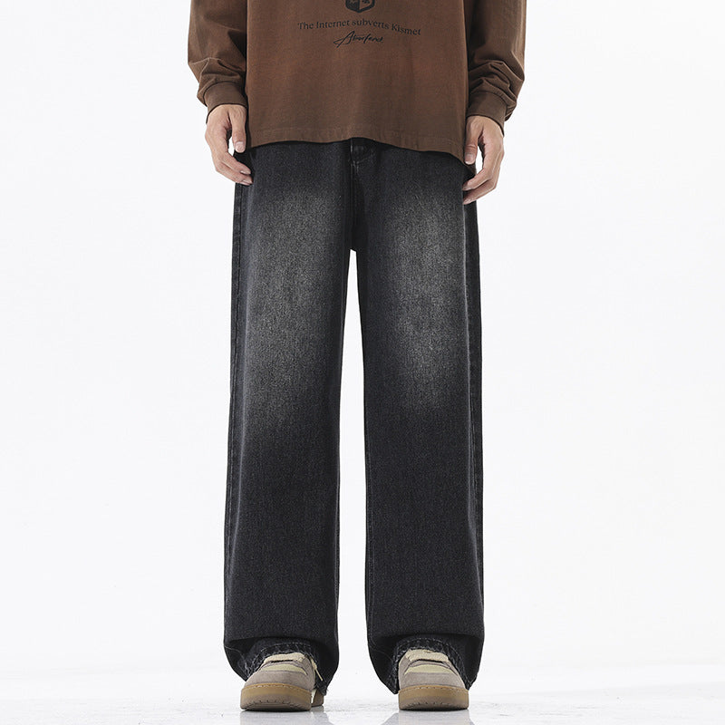 Men's Wide Floor-Length Denim Palazzo Pants with Extended Hem and Soft Used Accents Mune Fashion