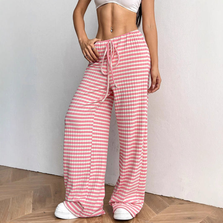 Women's loungewear pants with wide leg, ribbed fine knit and drawstring Mune Fashion